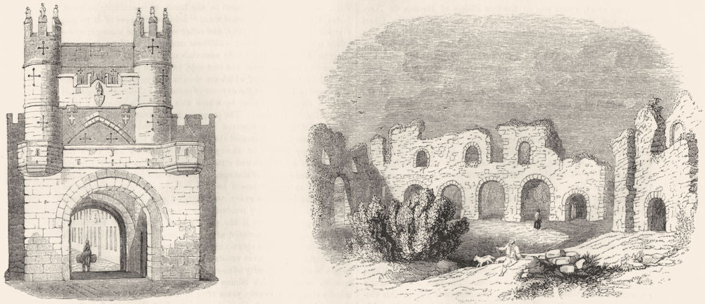 MONK BAR, YORK. & Reading Abbey ruins in 1721 1845 old antique print picture